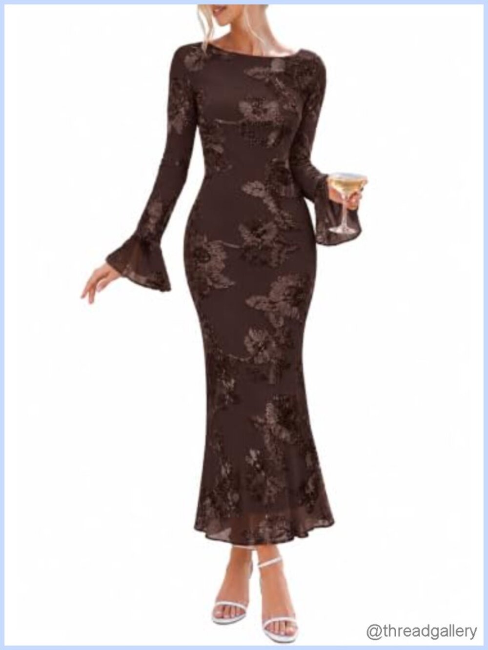 Women's Floral Mesh Maxi Dress Long Bell Sleeve Bodycon Wedding Guest